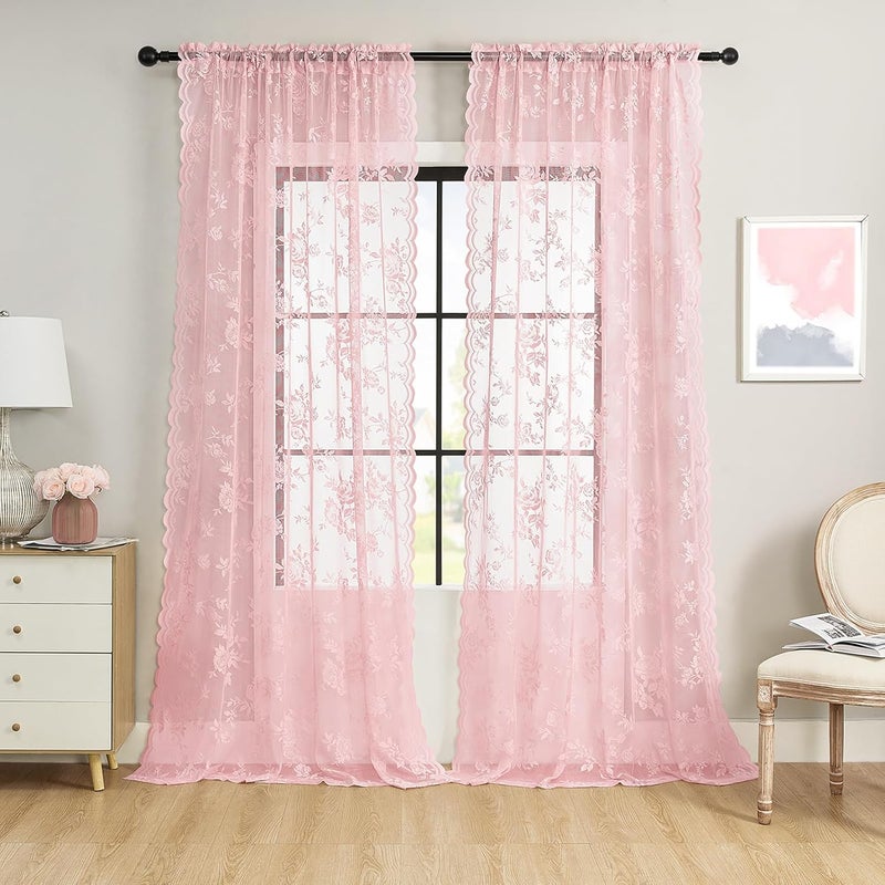 SEEKRIGHT Baby Pink Lace Curtains 72 Inch Length 2 Panels Set - Romantic Flower Sheer for Living Room Bedroom Decor - Rod Pocket Light Filtering Window Panels for Kids Girls Nursery Room, 52x72 - Image 2